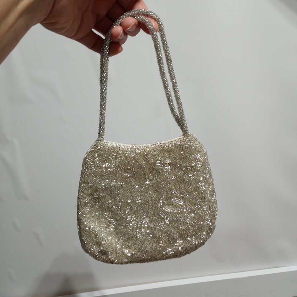 La Regale Vintage Silver Fully Beaded Purse With Fully Beaded Straps Boho